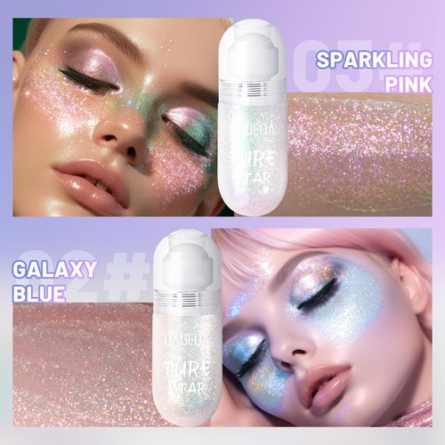 DAGEDA 2Colors Roll-on Body Glitter Gel for Body, Hair, Face, Holographic Glitter Makeup for Rave Accessories, Body Shimmer Hair Glitter Gel for Halloween Makeup(Galaxy Blue+Sparkling Pink)