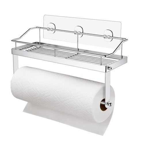 Paper Towel Holder Shelf, 2 in 1 Kitchen Spice Rack with Adhesive Paper Towel Holder for Bathroom, Stainless Steel Paper Towel Holder Self Adhesive No Drilling Paper Towel Rack Basket