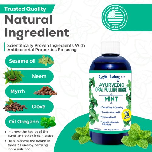 Dale Audrey Ayurvedic Organic Oil Pulling for Teeth and Gums | Refreshing Mint Flavored Oral Rinse Mouthwash | Essential Oils for Bad Breath | Whitening Teeth & Fresh Breath | (3 Pack,8oz)