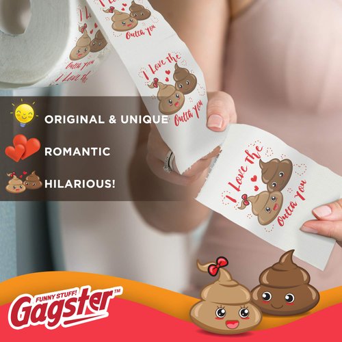 Romantic Toilet Paper Roll by Gagster - 3 Ply Funny Novelty Gag TP - 200 Sheets Per Roll - For Birthday, Valentine's Day, and Anniversary Gag Gift - Printed on Every Sheet - I Love the Poop Outta You