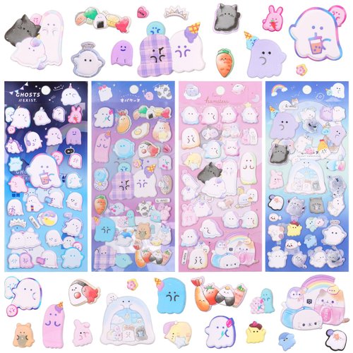 Cute Puffy Ghost Stickers for Kids - Kawaii 3D Hamster Cat Designs for Girls and Teens - Perfect for Notebook, Photo Album, Party Favors,Cards Decorating,4 Sheets.