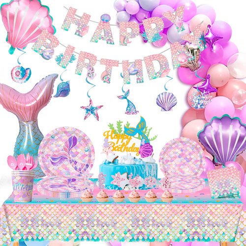 Mermaid Party Supplies,132 Pcs Mermaid Birthday Party Decorations Kit Mermaid Birthday Plates Cups Napkins Tablecloth Mermaid Banner Balloons Hanging Swirl etc Mermaid Birthday Decorations