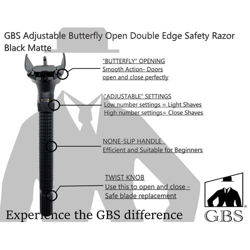 G.B.S Men's Shaving Razor with Adjustable Butterfly Open Mechanism Double Edge Safety Razor, Black Matte