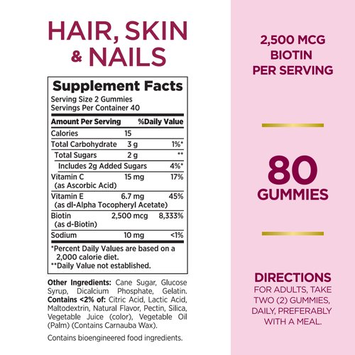 Nature's Bounty Optimal Solutions Hair, Skin & Nails Vitamin Gummies with Biotin, 2500 mcg, Strawberry, 80 Count