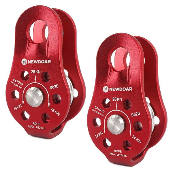 NewDoar Fixed Plate Micro Pulley,28KN CE Certified General Purpose Small Aluminum Rope Pulleys for Climbing/Aloft Work/Rappelling/Rescue Etc(28KN Red 2pcs)