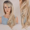 Vieuinaux Blonde with Dark Roots ombre Wigs With Bangs,Long Wavy Straight Blonde Wigs for Women Heat Resistant Synthetic Wigs For Daily (Ombre Blonde Wave)
