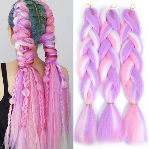 Jumbo Braiding Hair Extensions Hight Quality Bubble Braids Hair Extensions 24inch Colored Braiding Hair Pre Stretched Soft Pink Hair for Braids 3PCS(Purple-Pink-White)