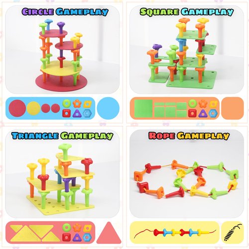 Peg Board Toy set 65Pcs DIY Building Stacking Toys for Kids 3-6 Years Old,STEM Educational Kids Toys for Brain Development,Montessori Sensory Toys,Upgrade Various Foam Board Plastic Lacing String Game
