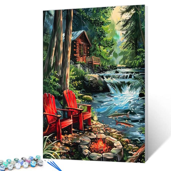 Waterfall at Sunset Paint By Numbers for Adults Beginner Autumn Mountain Forest DIY Paintwork Acrylic Canvas Living Room Decor Landscape Painting Kits Art Craft 16x20 Inch Boho Gift（DIY Frame）