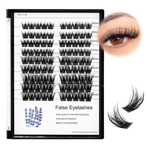 Hannahool Wide Stem Cluster DIY Eye Lashes Extensions Mixed 10-12-14-16mm/14-16-18mm Individual False Eyelashes D Curl Dramatic Volume Eyelashes (Mixed 10-12-14-16mm)