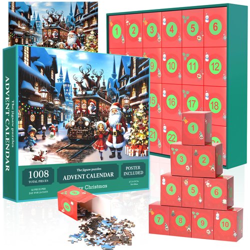 Advent Christmas Puzzle 2024, With 24 Days Surprise Box of 1008 piece advent puzzles, Paper Advent Calendar,Holiday Decorative Paintings,puzzle game for Adults, Teens, Kid (Green) (Green)