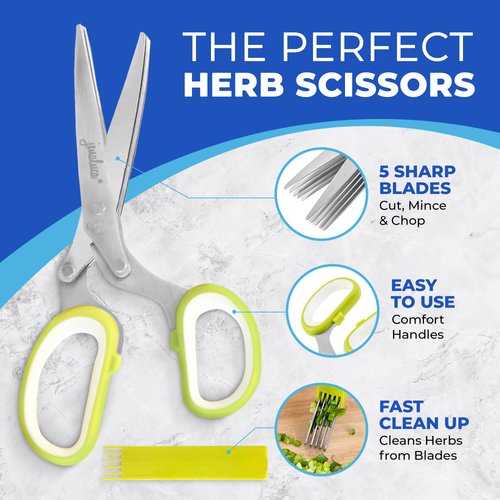 Jenaluca Herb Scissors with 5 Blades and Safety Cover - Salad Scissors - Cut, Chop & Mince Fresh Herbs & Leafy Greens - Stainless Steel Kitchen Shears with Cleaning Comb - Cool Kitchen Gadgets (Green)