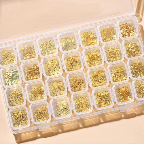 28 Grids Gold Metal Nail Studs, 3D Mix Geometry Nail Art Glitter Flakes Decorations Set, Multiple Shapes Rivet Jewelry Accessories for Women Girls Manicure Acrylic Nails Supplies DIY Crafts Sequins