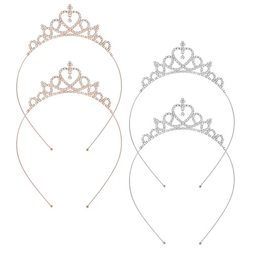 4 Pack Crown Tiara Headband for Women Glittering Rhinestone Peach Princess Crown Crystal Tiaras Heart Adjustable Cute Hair Band Birthday Headpiece Wedding Bridal Dress Up Accessories(Gold Silver)