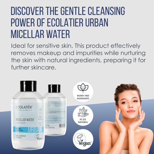 ECOLATIÈR Natural Micellar Water Sensitive Skin, Vegan Makeup Remover, Hydrating Facial Cleanser with 99.1% Natural Ingredients, Micellar Cleansing Water for All Skin Types - 13.5 Fl Oz / 400ml