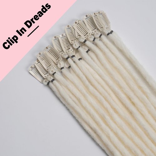 Kyriena 24 Inch 7PCS Single Clip in Dreadlock Extensions, Pearl White Clip in Fake Dreads Thin 0.6cm Hair Extensions, Reggae Hippie Synthetic Single End Dreadlocks for Women