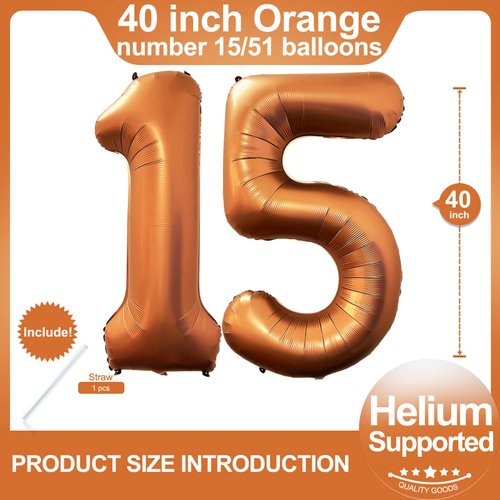 Number 15 Orange Balloons 40 Inch Giant Orange 15 Number Foil Helium Balloons for 15th Orange Birthday Party Supplies 51st Anniversary Events Decorations