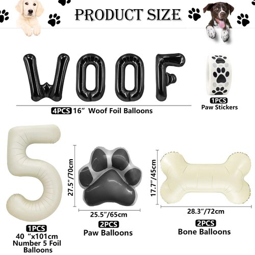 Dog Theme Balloons - 5th Dog Birthday Party Decorations, 40 Inches Number 5 Foil Balloons, Paw and Bone Balloons, WOOF Letter Balloons, Paw Prints Stickers for Pet Kids Dog Birthday Party Supplies