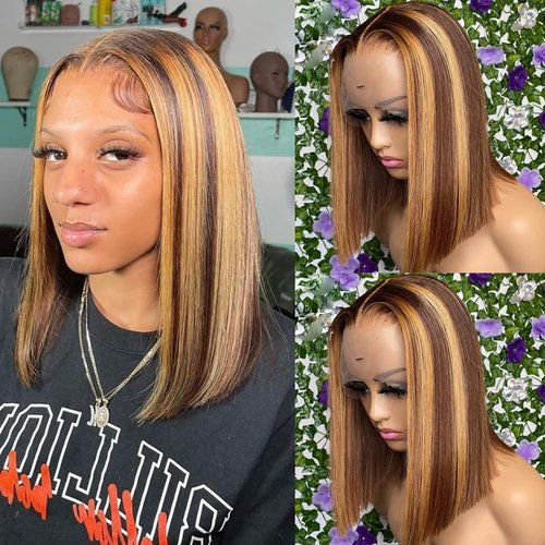 mogge 12 Inch Highlight Honey Blonde Lace Front Wig Human Hair Ombre 4/27 HD Lace Frontal Bob Wigs Human Hair Glueless Pre Plucked Ombre Brown Wig 180% Density Highlight Bob Wig