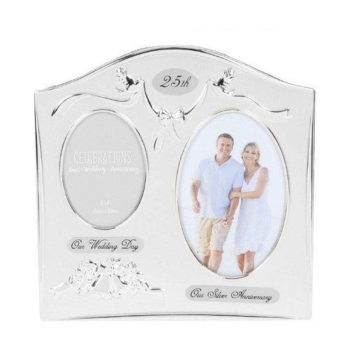 Two Tone Silverplated Wedding Anniversary Gift Photo Frame - "25th Silver Anniversary"