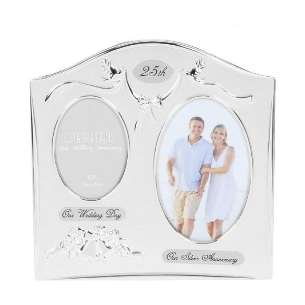 Two Tone Silverplated Wedding Anniversary Gift Photo Frame - "25th Silver Anniversary"