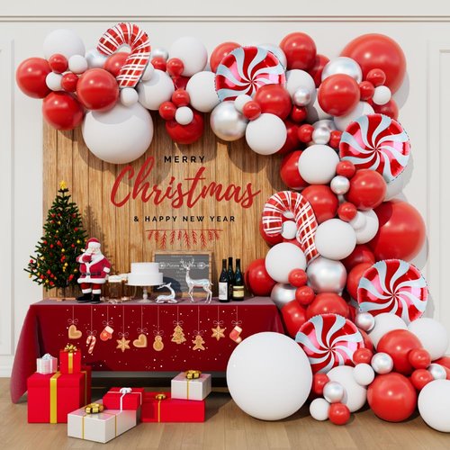 Beaumode Christmas Balloon Garland Arch Kit 150pcs Red White Silver Balloons for Candy Merry Christmas Party Friendsmas Santa Claus Birthday Winter Holiday Party Decoration(Red White Silver)