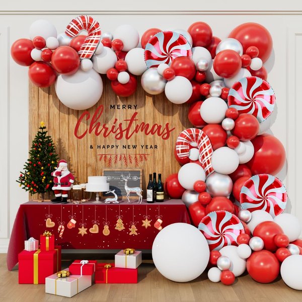 Beaumode Christmas Balloon Garland Arch Kit 150pcs Red White Silver Balloons for Candy Merry Christmas Party Friendsmas Santa Claus Birthday Winter Holiday Party Decoration(Red White Silver)