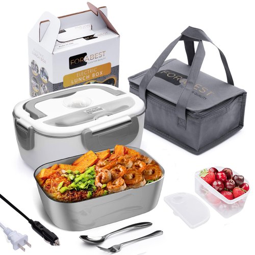 FORABEST Electric Lunch Box - Fast 60W Food Heater 3-In-1 Portable Food Warmer Lunch Box for Car & Home – Leak proof, 2 Compartments, Removable 304 Stainless Steel Container & Utensils