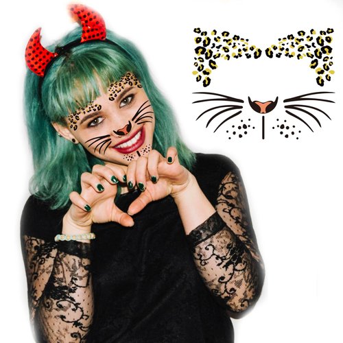 5-Pack Leopard Face Temporary Tattoo Stickers, Halloween Cosplay Cheetah Face Tattoos for Kids and Adults, Perfect for Halloween Party, Costume Makeup, and Face Art