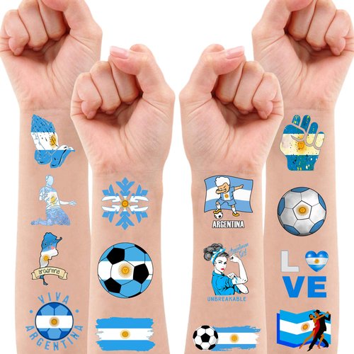 100 PCS Argentina Soccer Flag Temporary Tattoos Themed Birthday Party Decorations Supplies Decor Favors Football Blue Argentinian Tattoo Stickers Gifts For Game Boys Girls Class School Prizes Carnival