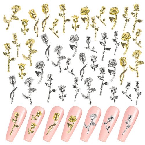 QXUJI 3D Rose Nail Art Charms, Flowers Rose Buds Nail Art Accessories Decoration, Metal Alloy Nail Art Decals, for Girls Women DIY Nail Design Craft Jewelry Making, Gold and Silver, 7 Styles