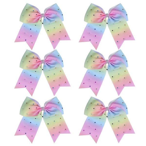 8 Inch Jumbo Cheerleader Bows with Bling Fling Rhinestones Ponytail Holder Cheerleading Bows Hair Tie College (Light Rainbow)