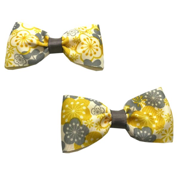 Handmade Grey and Yellow Girls Hair Bow Set, Little Girl Bows, Pigtail Hair Bows, Toddler Hair Bows,