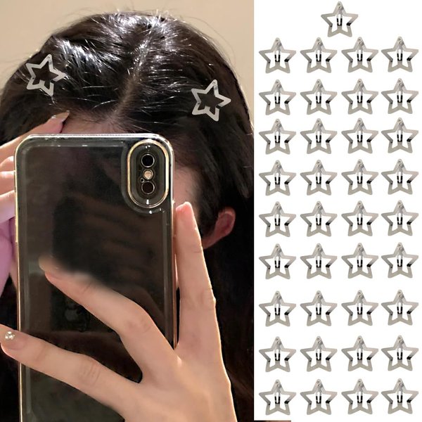 Star Snap Hair Clips for Women Girls Y2k Rave Goth Accessories for Girl Teens Hair Bow Clips for Teen Small Non Slip Hair Barrettes for Girl Daughter Mini Tiny Clips for Hair Sliver 36pcs
