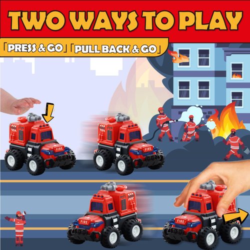 GEIQWNTOY Fire Truck Toy Cars for Boys Girls Ages 2-4 - 4 Pack Press N Go Toy Cars for Toddlers 1-3 Emergency Vehicle Toys for 1 2 3 Year Old Birthday Gift, Pull Back Cars for Construction Sand Box