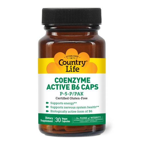 Country Life Coenzyme Active B-6 50mg, 30 Vegan Capsules, Certified Gluten Free, Certified Vegan