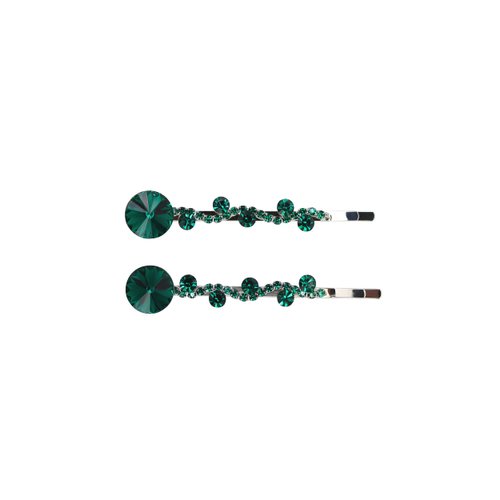 Faship A Pair Of Green Premium Rhinestone Crystal Floral Hair Clips 2 Pcs Pins - Green