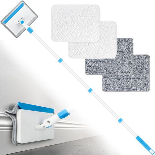 Baseboard Cleaner Tool with Long Handle,Wall Cleaner Mop with Extendable Handle,Duster Cleaning Tools Mop for Baseboard Floor Skirting Board,Ceiling Wall Window Cleaner with 4 Reusable Pads
