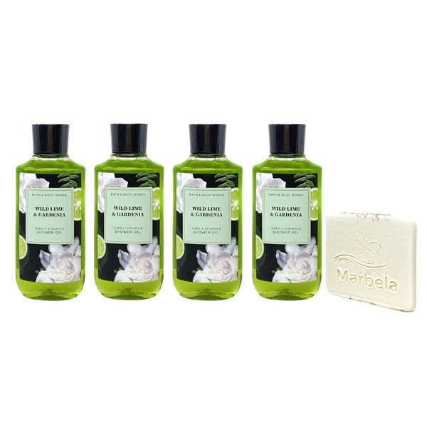 Bath & Body Works Wild Lime & Gardenia 4 Piece Shower Gel Value Pack with a Natural Oats Sample Soap
