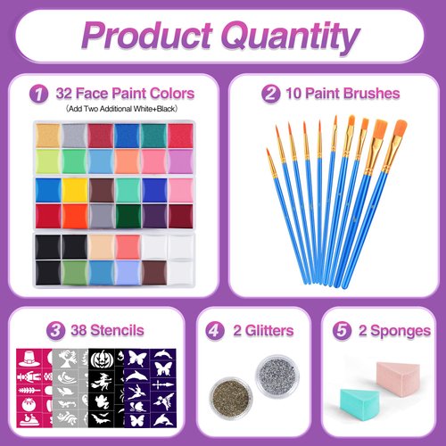 VESPRO Face Painting Kit For Kids Party,32 Colors Professional Oil Face&Body Paint Kit with 10 Brushes 4 Reusable Face Stencils,2 Glitters and 2 Sponges for Kids and Adults Halloween Makeup