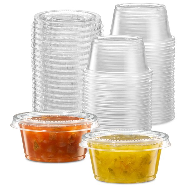 (2 oz - 100 Sets) Clear Diposable Plastic Portion Cups With Lids, Small Mini Containers For Portion Controll, Jello Shots, Meal Prep, Sauce Cups, Slime, Condiments, Medicine, Dressings, Crafts,