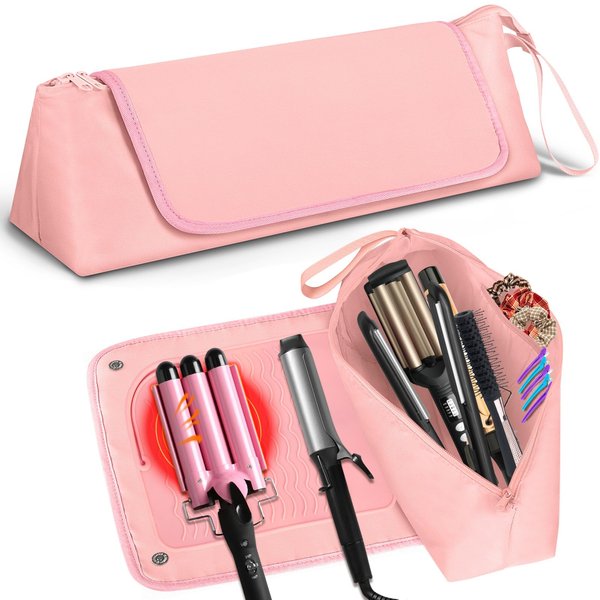Large Hair Tools Travel Bag and Heat Resistant Mat, 2-in-1 Hair Travel Bag for Curling Iron, Flat Irons, Straighteners, Hanging Travel Hair Tool Bag Travel Essentials for Women, Hangable Handles, Pink