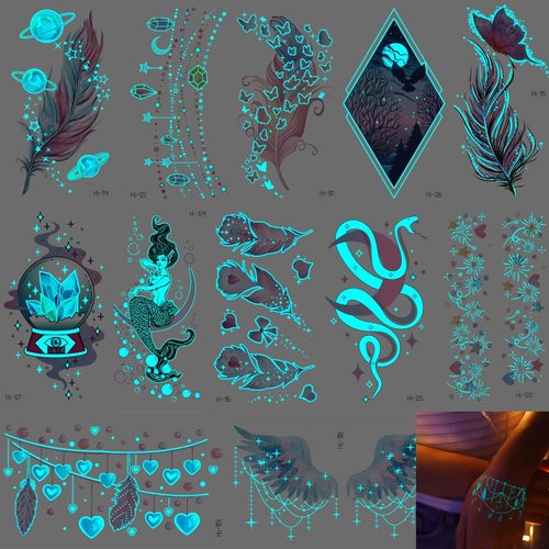 Blue Glow In The Dark Temporary Tattoos For Women Girls,12 Sheet Glow Theme Party Tattoos Stickers with Luminous for Adults Kids Glow In The Dark Party Makeup Party Favors (Luminous Dreams)