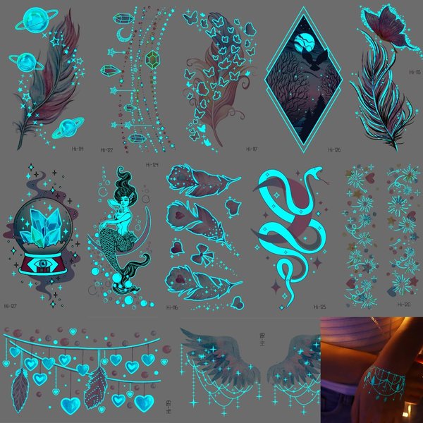 Blue Glow In The Dark Temporary Tattoos For Women Girls,12 Sheet Glow Theme Party Tattoos Stickers with Luminous for Adults Kids Glow In The Dark Party Makeup Party Favors (Luminous Dreams)