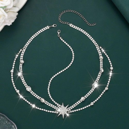 Latious Rhinestone Star Head Chain Jewelry Silver Sparkly Crystal Bride Wedding Headpiece Bridal Prom Hair Chain for Women (Silver)