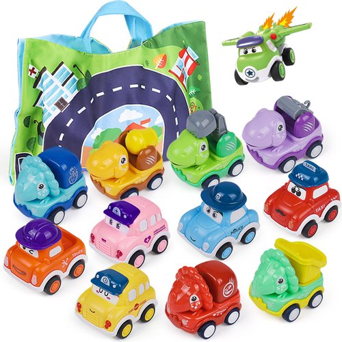 Flypear Baby Toy Cars for 1 Year Old Boy, Mini Pull Back Trucks with Playmat for Toddler Age 12-18 Months, 12PCS Infant Friction Powered Push Vehilces, Cartoon Birthday Gift for Kids Aged 2 3 4