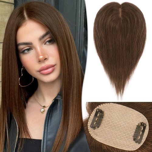 RUWISS Human Hair Topper Crown Topper Hair Pieces for Women Short Wiglet Topper for Thinning Hair 6 * 9CM Silk Base 100% Real Human Hair Clip in Topper No Bangs 10Inch 25g（Medium Brown）