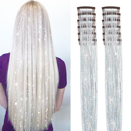 12Pcs Hair Tinsel Clip in 20Inch Fairy Hair Clip in Hair Tinsel Heat Resistant，Silver Clip in Hair Tinsel Extensions Glitter Hair Tensile Clip in Sparkly Hair Accessories for Women Girls Kids (Silver)