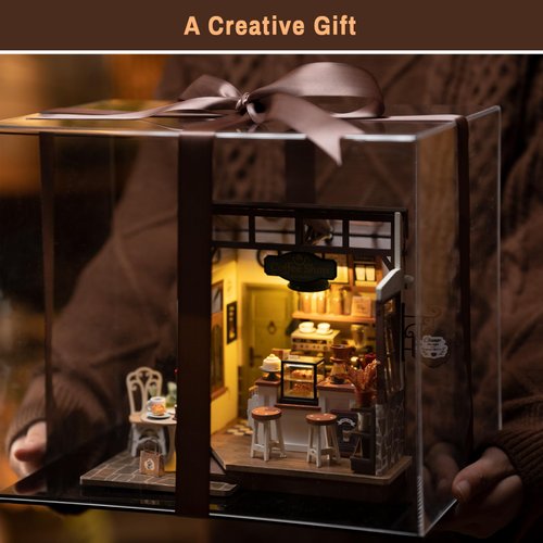Rolife Coffee Shop Miniature Dollhouse Kit with LED Lights - DIY Crafts for Adults, Birthday Gifts and Hobbies