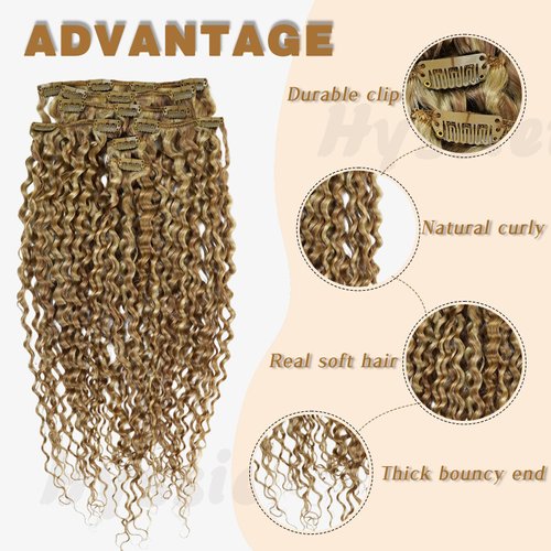 Hyssiet Curly Clip Ins Hair Light Brown Highlighted Bleach Blonde18 Inch Wavy Human Hair Clip in Extensions 120g Invisible Durable Curly Real Human Hair Extensions 7pcs with 16 Clips for Full Head